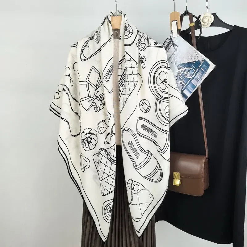High-end Elegant Women Exquisite Ornate Accessories Double-sided Print Quality Silk Wool Hand-rolled Edge Big Square Scarf Shawl