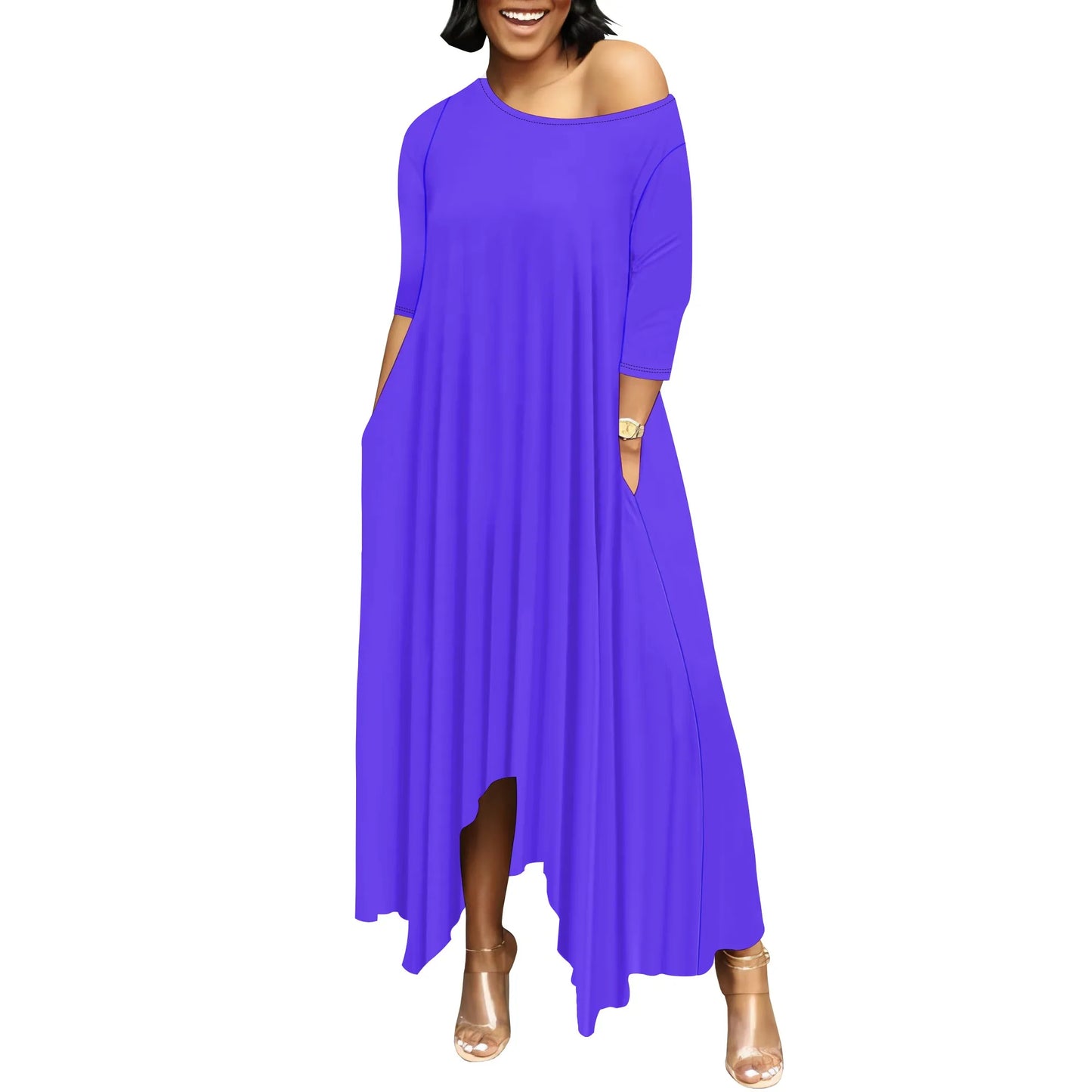 Women One Shoulder Sleeve Printed Dress High Waist Split Party Cocktail Long Dress