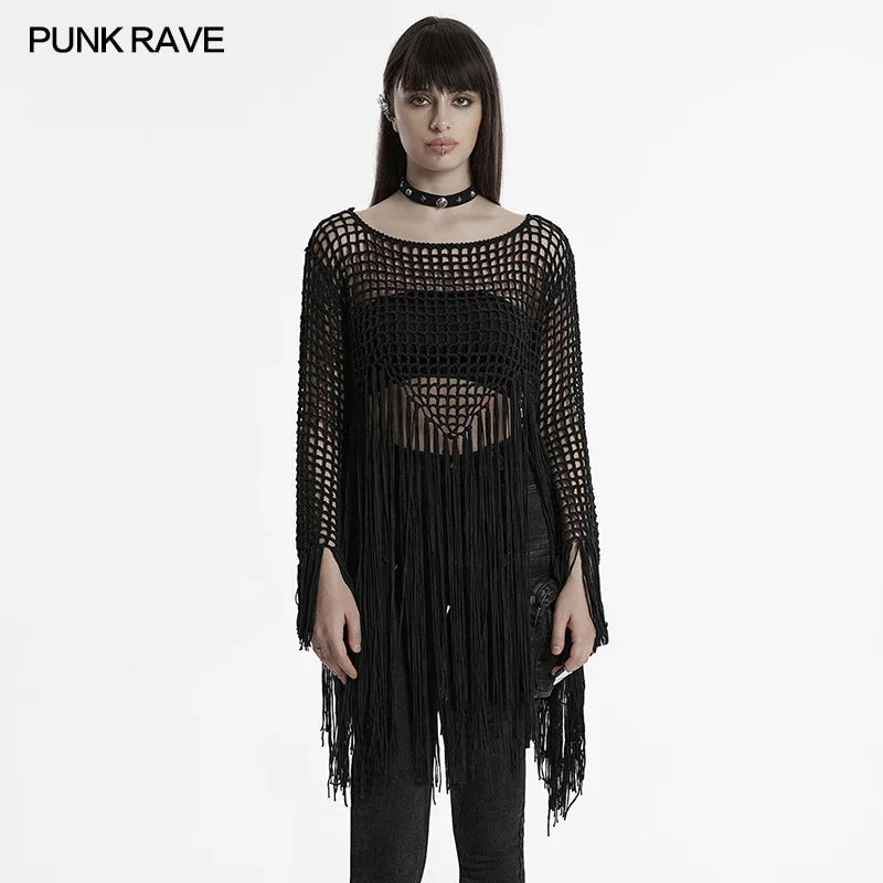 PUNK RAVE Women's Gothic Sexy Hollow Out Tassels Sweater Decadent Personalized Pointed Design Dark Loose Tops Pullovers