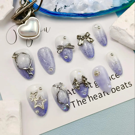 10pcs Handmade Press-on nail Short Almond Nails Bundle 3D Hand drawn Bow Star Diamond Sweet Purple Finished nail stickers