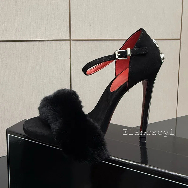 Manufacturer   Super High Heels Sandals Women Mink Fur Metal Sword Thin Heels Open Toe Ankle Strap Sandalias Summer Fashion Party Dress Pumps   Pumps