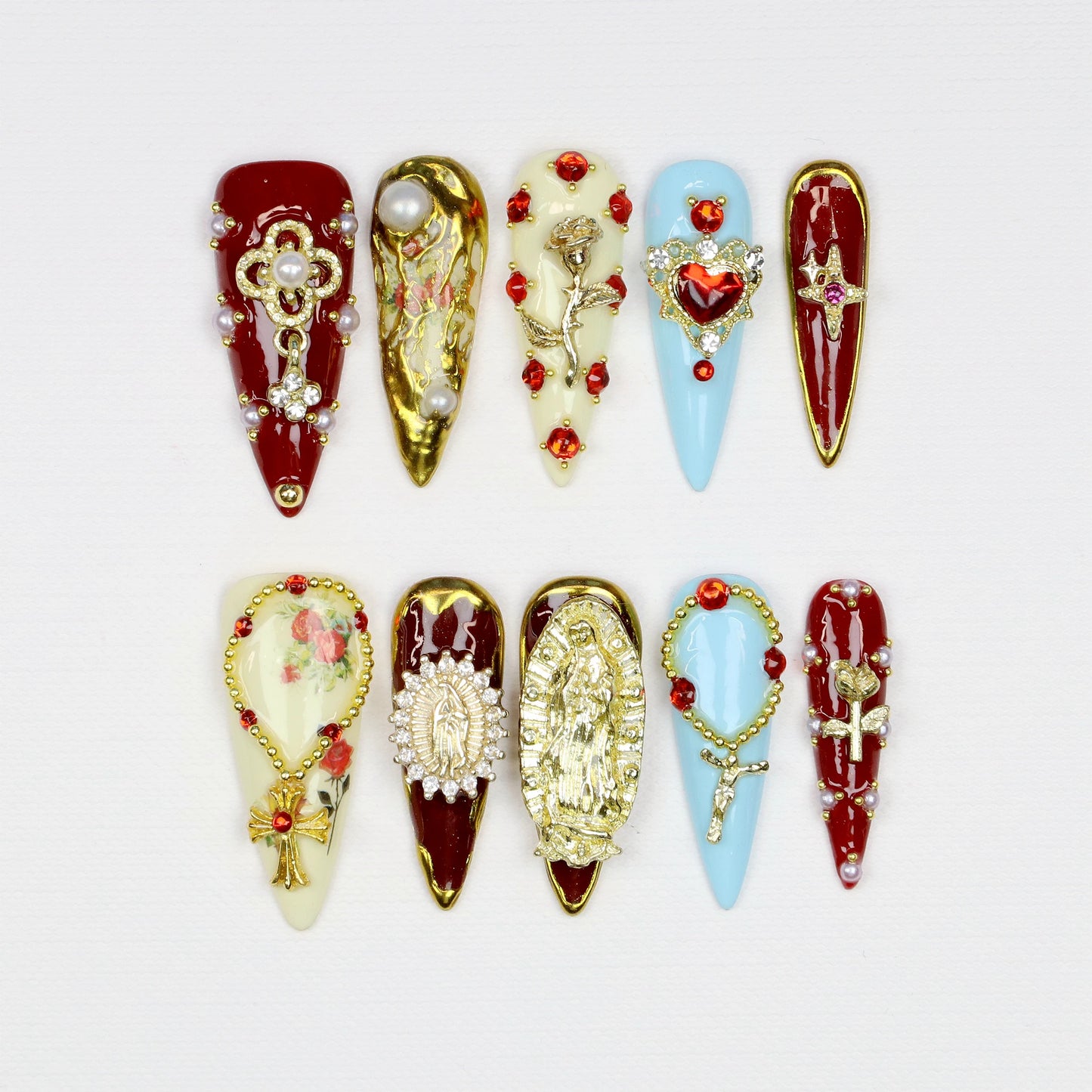 10Pcs Elegant Virgin Mary Cross Press On Nails Custom Handpainted Almond Nail,luxury Design Nail Art for Birthday Holiday Gift