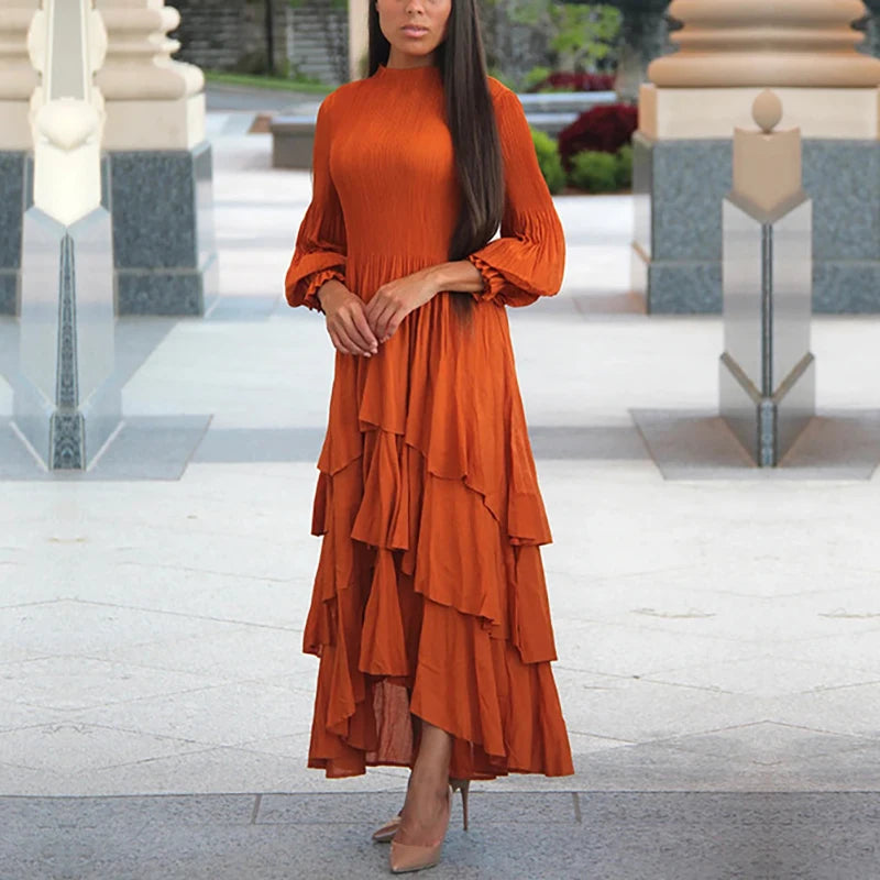 Miyake Folds  Summer New Lantern Sleeve Dress Solid Color Lotus Edge Long Skirt