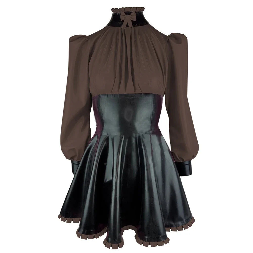 Plus Size High Neck Bow Patchwork Black Faux Latex Mini Dress Women Long Sleeves Slim Fit Ruffled A-line Dress Cocktail Gown