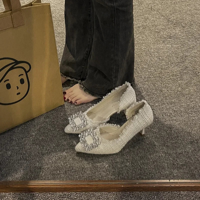 Manufacturer   Summer  French Design Pointed Toe High Heels Crystal Embellished Slim Stiletto Women's Single Shoes Elegant Minimalist Footw   Pumps