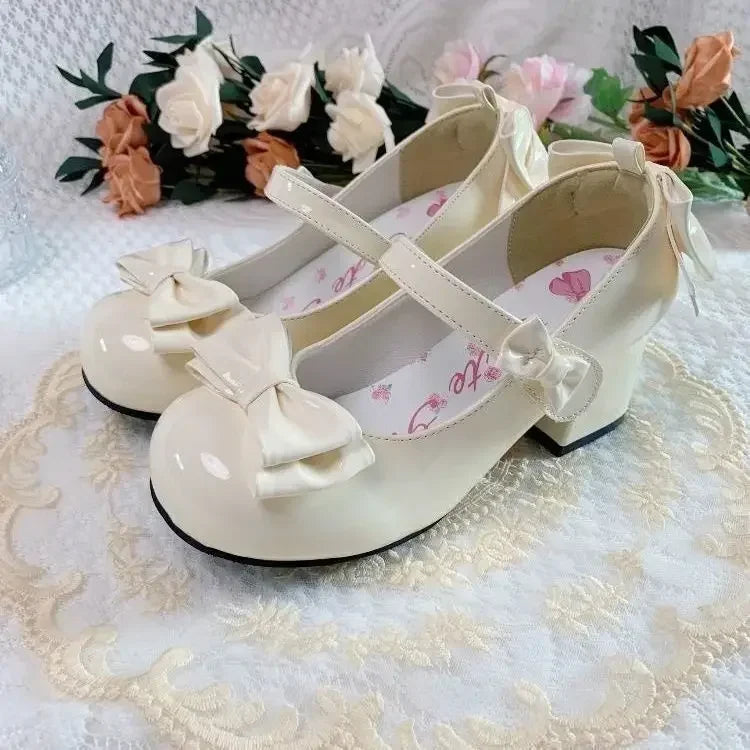Manufacturer  Lolita Style Cute Round Head  Jane Pumps With Bow Women's Sweet Party Dress Midi Heels Shoes Fashion PU Sandals   Pumps