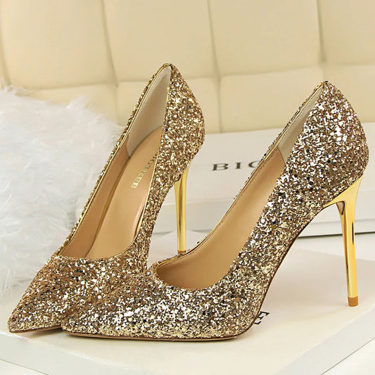Manufacturer   Women 7cm 9.5cm High Heels Pumps Wedding Bridal Scarpins Sparkly Mid Heels Lady Party Sequins Glitter Evening Gold Silver Shoes   Pumps