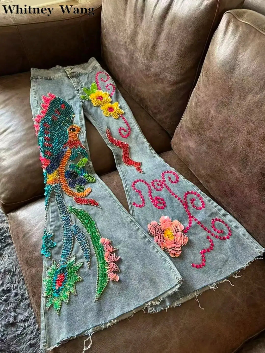 WHITNEY WANG Designer Style  Autumn Fashion Streetwear Handmade Sequins Beading Bird Big Flare Jeans Women Denim Pant