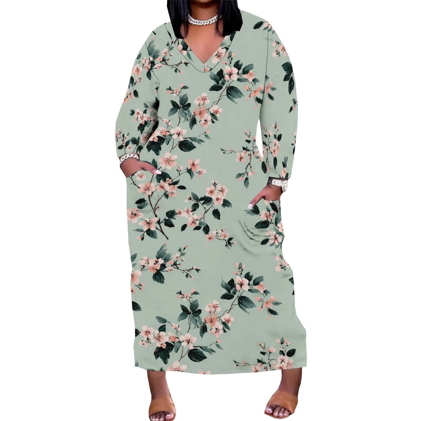Oversized Baggy Summer Womens Print Dresses Sexy Casual T-Shirt V Neck Long Sleeve Maxi Dress with Pocket