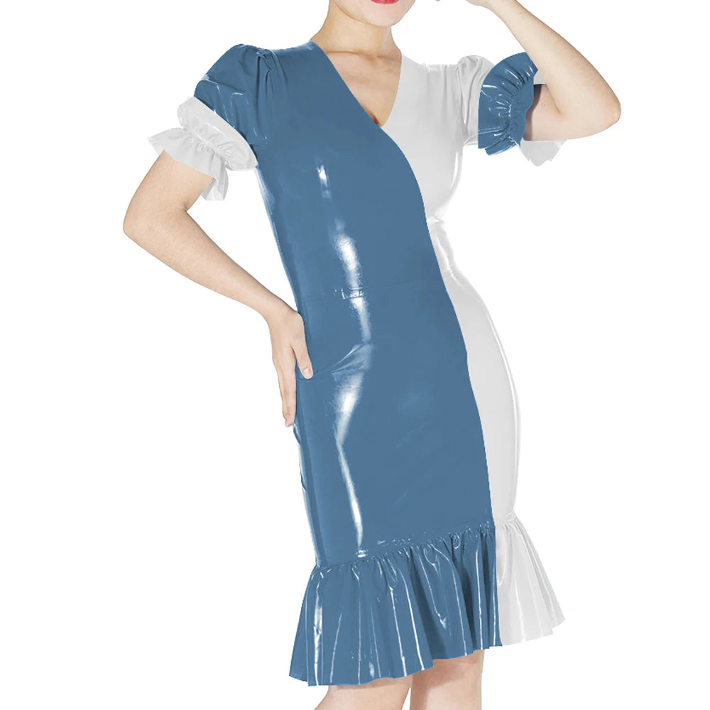 Plus Size Knee-length Patchwork Dress Glossy Faux Leather Party Bodycon Short Sleeve Dress Back Zipper Ruffles Hem Womens Dress