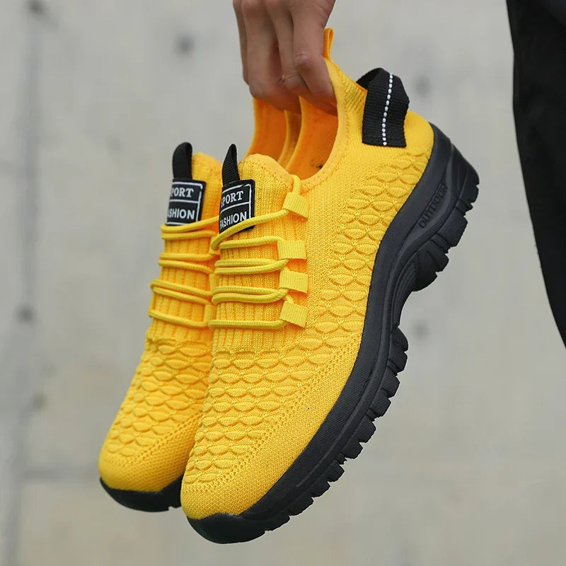 Manufacturer   Men's Bright Yellow Outdoor Sneakers Breathable Mesh Construction Shock Absorbing Sports Shoes Stylish Trendy Adventure Footwear    Sneakers