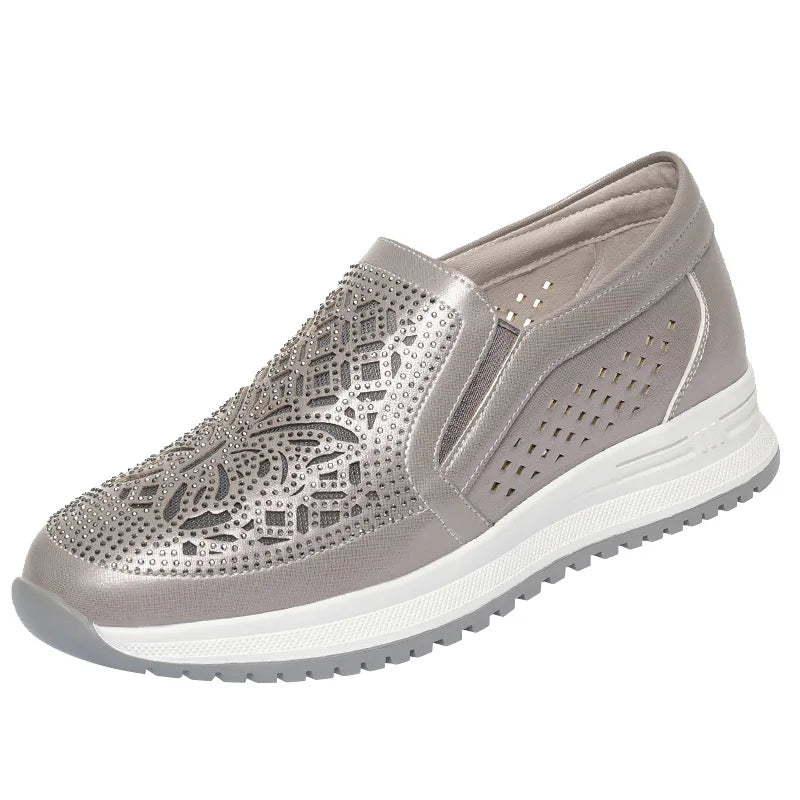 Manufacturer   Spring Autumn Soft Leather Soft Sole Comfortable Low Heel Shoes Round Toe Breathable Casual Slip-on Hollow Mother Sneaker    Sneakers