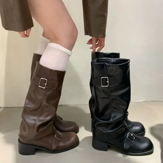 Manufacturer   Woman Boots Knee High Platform Chunky Heels Trend Punk Gothic New Rock Leather Fashion Women's Shoes Motorcycle Footwear Q221   boots
