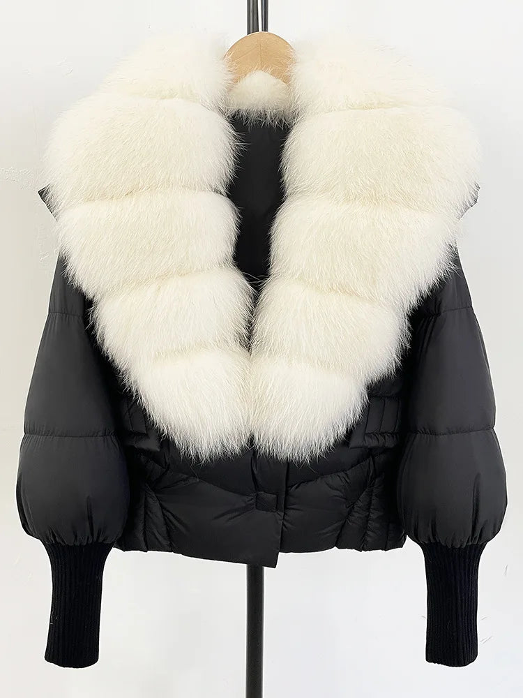 ZMEENNA Women's Black Puffer Down Jacket With Large Real Fur Collar Short Warm Winter Coat Knit Cuffs Elegant Outerwear