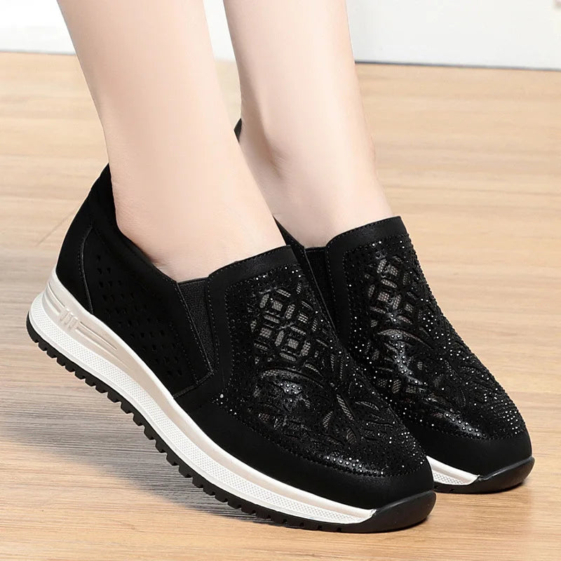 Manufacturer   Spring Autumn Soft Leather Soft Sole Comfortable Low Heel Shoes Round Toe Breathable Casual Slip-on Hollow Mother Sneaker    Sneakers