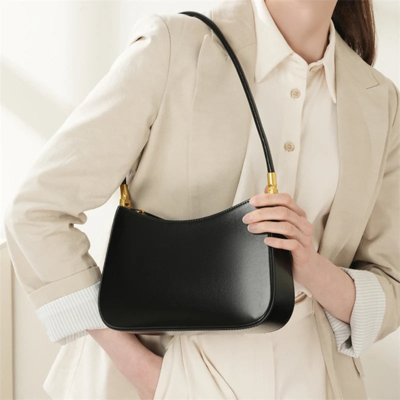Toptrends Cowhide Genuine Leather Underarm Shoulder Bags For Women  Luxury Designer Long Handle Smooth Tote Ladies Handbags