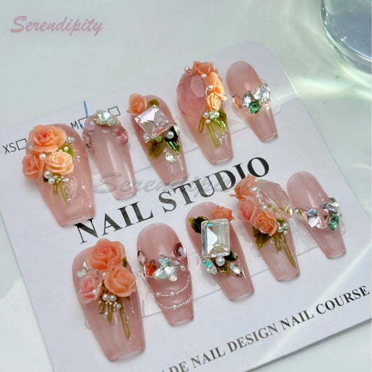10Pcs Solid Color Press On Nails Pure Handmade Pink Stereoscopic Bouquet Fals Nail Art Big Rhinestones Removable Wear Fake Nails