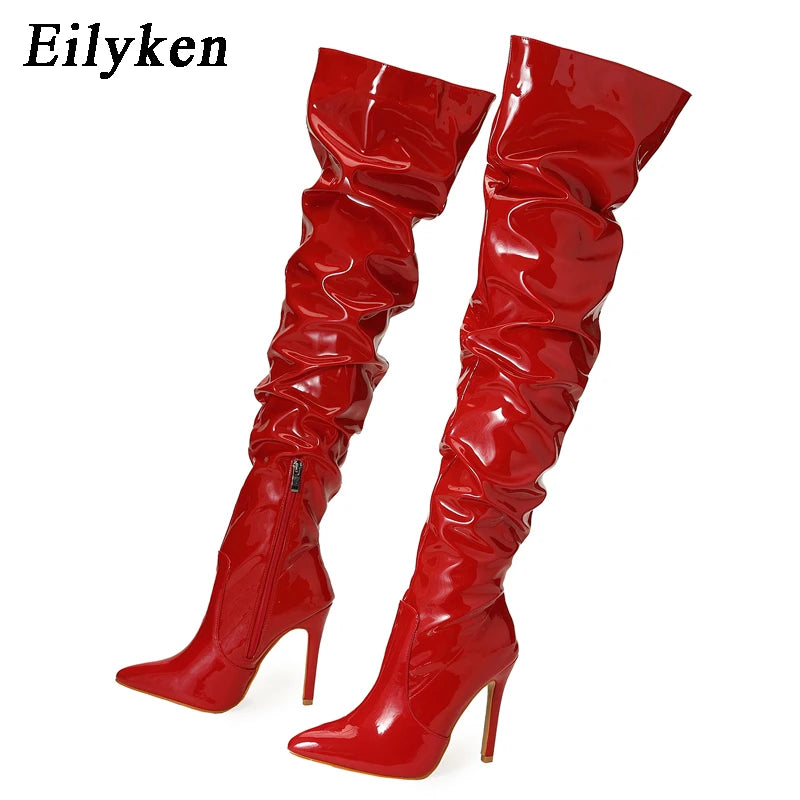 Manufacturer   Eilyken Red Women Over The Knee Boots High Heels Patent Leather Solid Pointed Toe Stiletto Side Zipper Sapatos Femininos   boots
