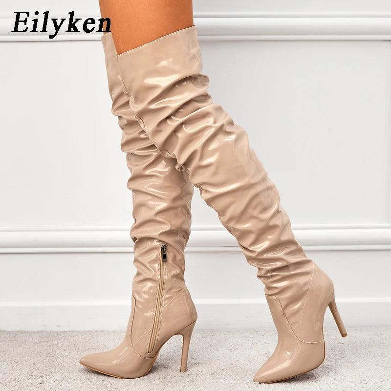 Manufacturer   Eilyken Red Women Over The Knee Boots High Heels Patent Leather Solid Pointed Toe Stiletto Side Zipper Sapatos Femininos   boots