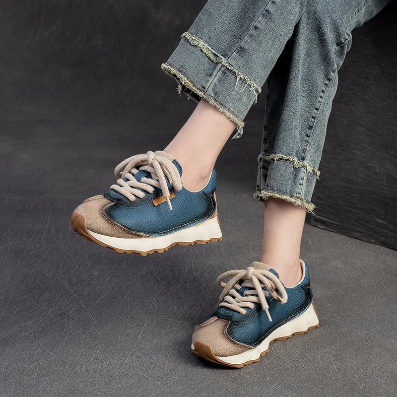 Manufacturer   Lace-up Women's Flat Shoes Genuine Leather Sneakers Mixed Colors New Handmade Comfortable Retro Platform Sneakers    Sneakers