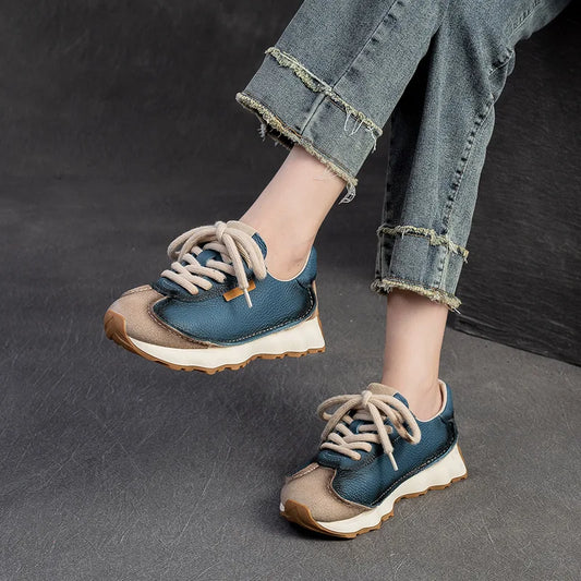Manufacturer   Lace-up Women's Flat Shoes Genuine Leather Sneakers Mixed Colors New Handmade Comfortable Retro Platform Sneakers    Sneakers