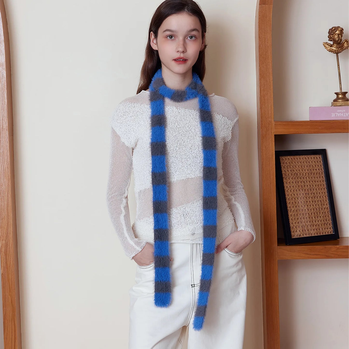 4.5cm*195cm Small Narrow Striped Scarf Y2K Style Women Knit Long Fluffy Scarf Black white Stripes