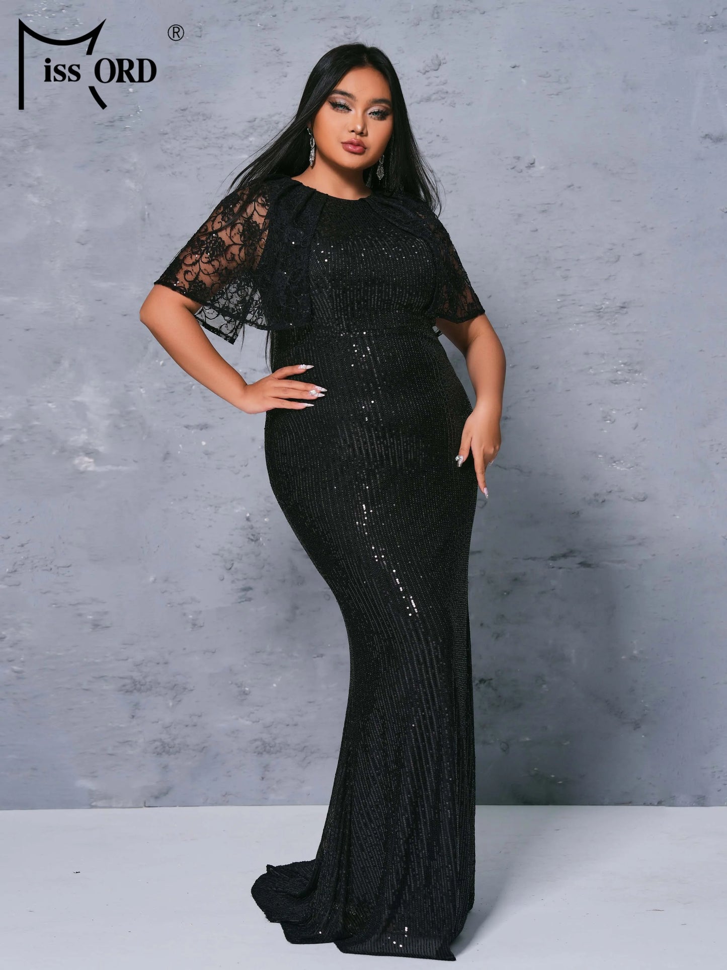 Missord Plus Size Black Round Necked Sequin Short Sleeved Mermaid Evening Formal Occasion Dress
