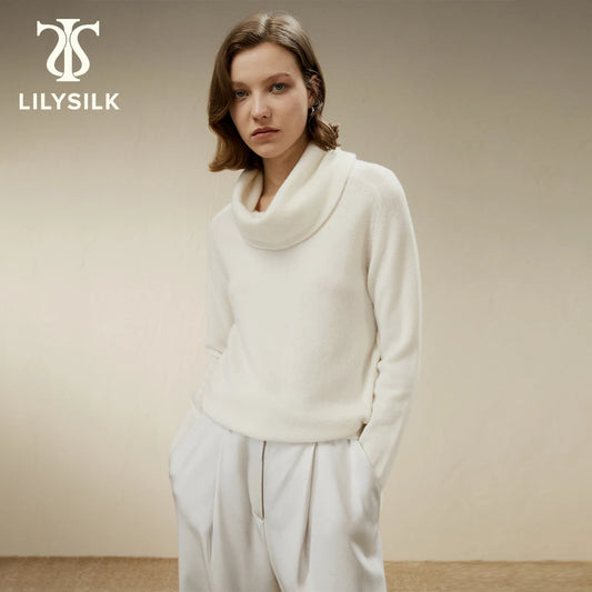 LILYSILK Women's 100% Cashmere Cowl Neck Sweater Ladies Elegant Pullover with Ribbed Sleeve for Work Casual Everyday Wear