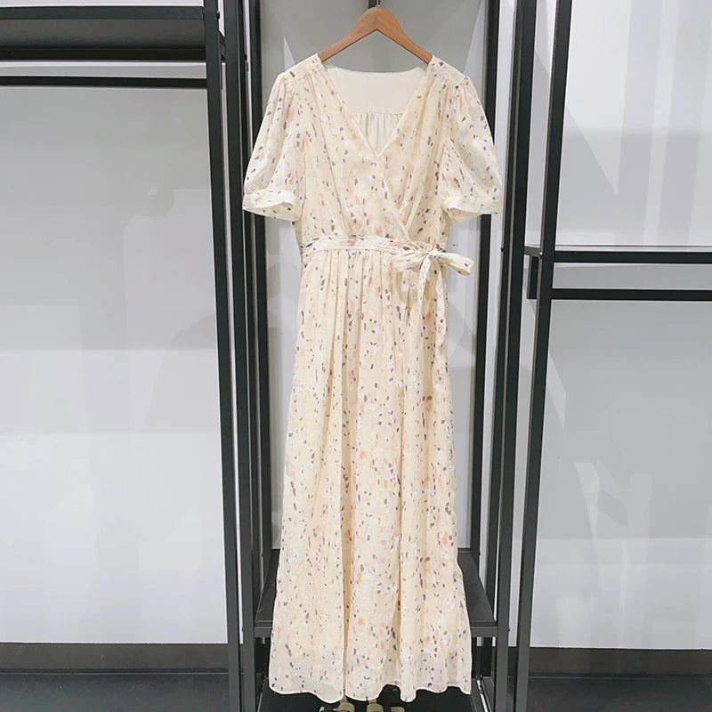 Floral Print Ladies V-Neck Lace-Up Wrap Dress Short-Sleeved Slim High-Waisted Lady Slit Long Robe