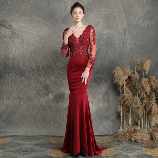 Cusomized V-Neck Floral Lace Handmade Applique Beaded Fishtail Dress Long Sleeve  Dress Wedding Party Evening Dress For Women