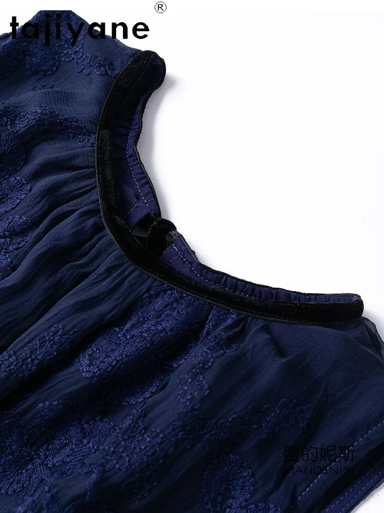TAJIYANE 100% Mulberry Silk Dresses  Woman Summer Dark Blue Embroidery Long Dress Vacation Vest Frocks Women Clothing платье
