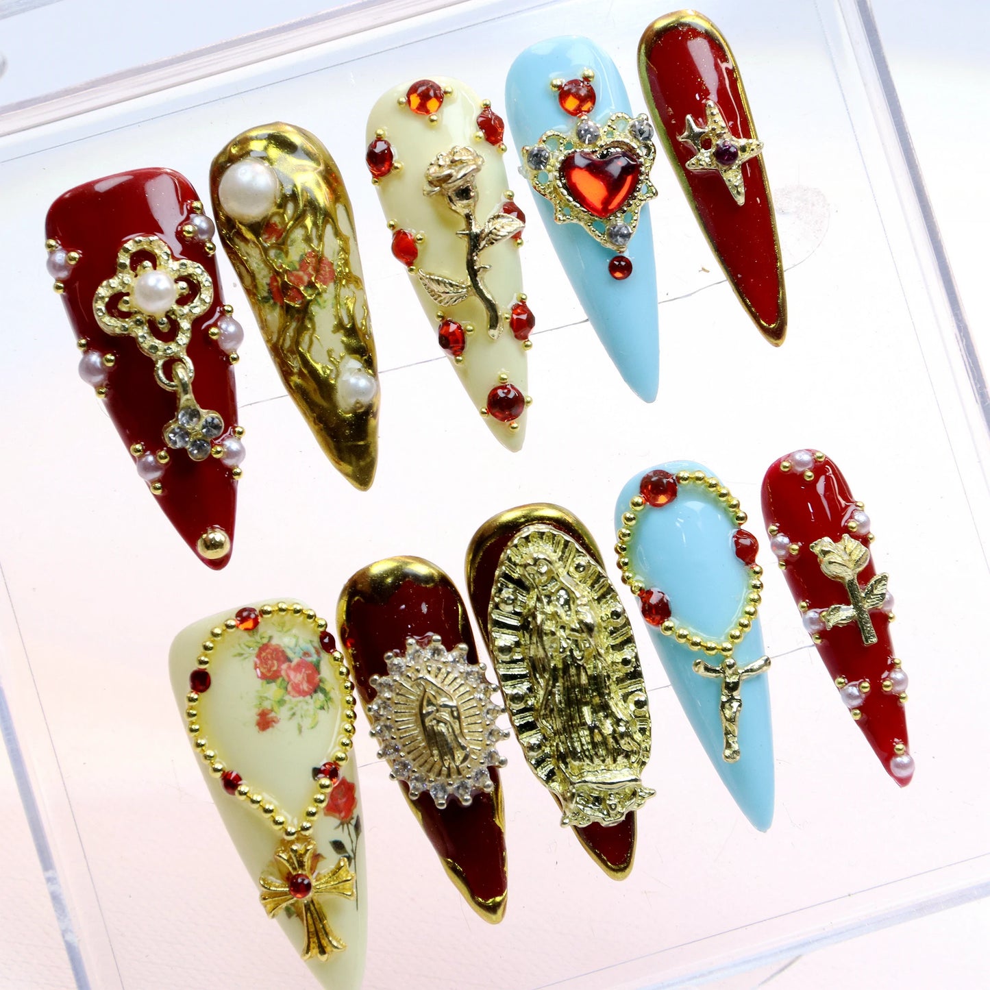 10Pcs Elegant Virgin Mary Cross Press On Nails Custom Handpainted Almond Nail,luxury Design Nail Art for Birthday Holiday Gift