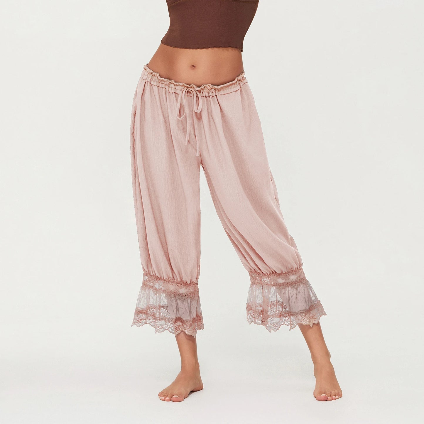 Combhasaki Women's Y2K Loose Fit Bloomers Cropped Pants Drawstring High Waist Floral Lace Patchwork Calf-Length Lantern Trousers   pant