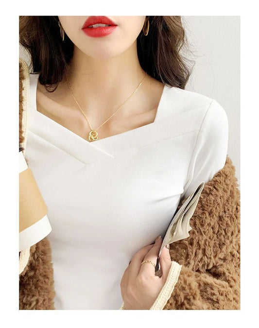 Women Turtleneck Full Sleeve Folds T Shirts Lady High Quality Elegant Elastic Tops Tees Female T-Shirts