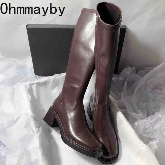 Manufacturer   Vintage Thick Heel Women Knee High Boots Fashion Side Zippers Shoes Autumn Winter Ladies Concise Long Botas De Mujer   boots