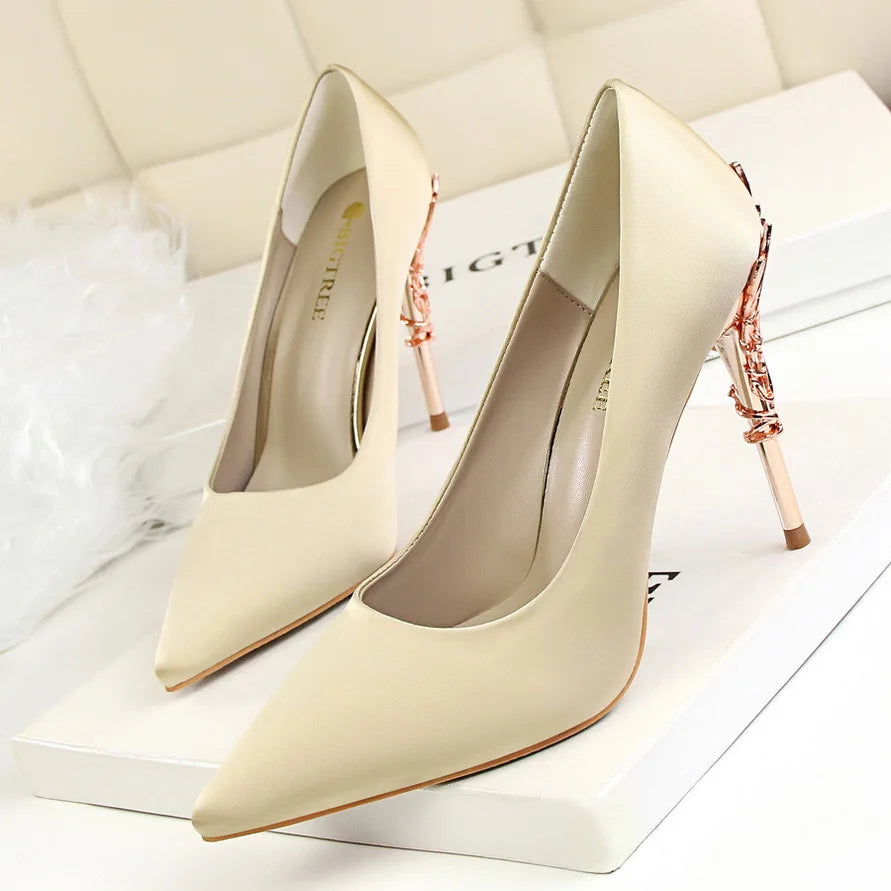 Manufacturer   Woman Metal Heels Satin Silk Dress Fashion Pumps Lady Wedding Bridal Catwalk Orange Green Wine Red Pointed Tip Shoes 9219-2   Pumps