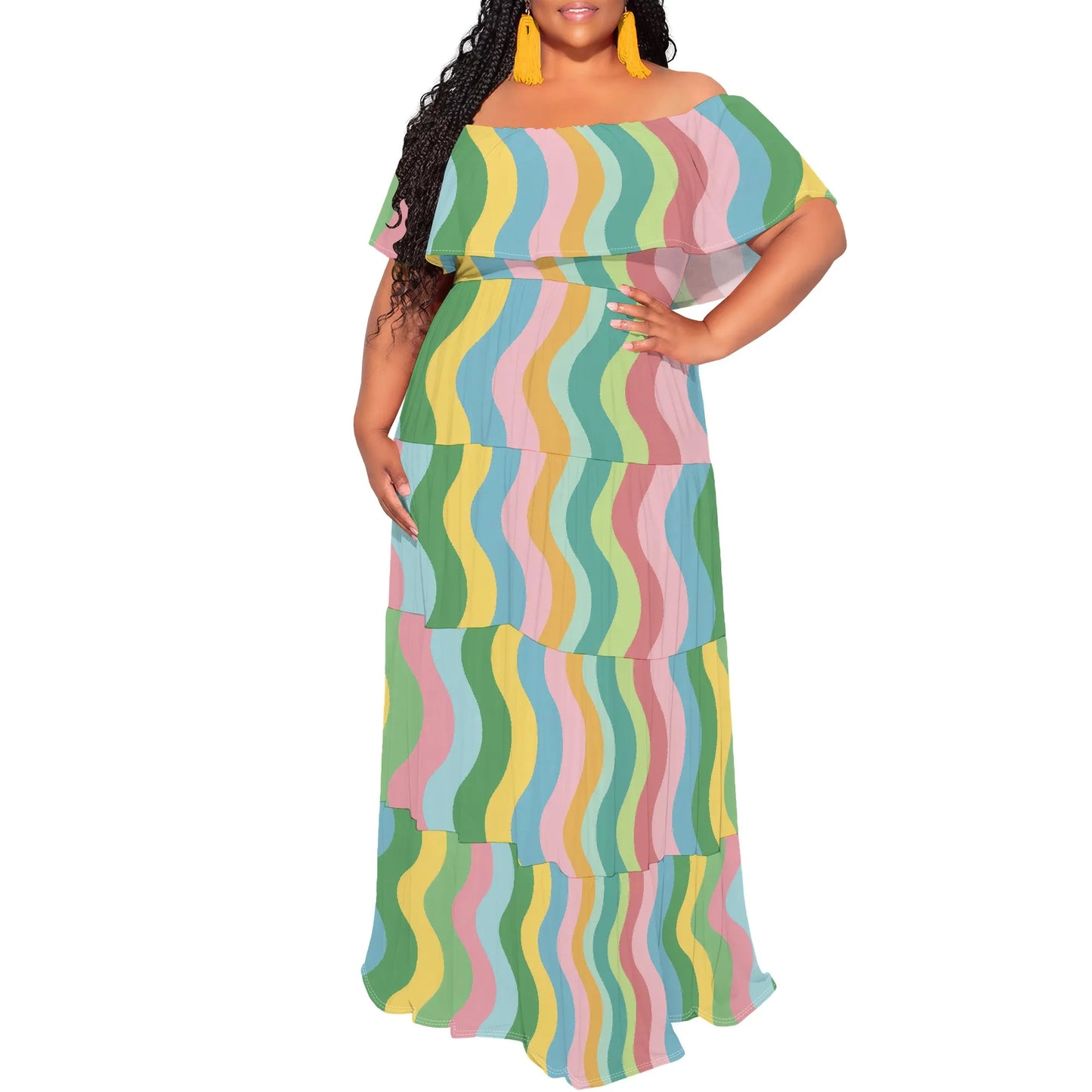 Womens Off The Shoulder Dress Summer Casual Long Ruffle Party Side Split Beach Maxi Dresses with Pockets