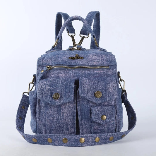 Denim Bag Women Small Backpack Satchel Top-handle Handbag PU Shoulder Bag Dumpling Fashion Multi-pockets Backpack