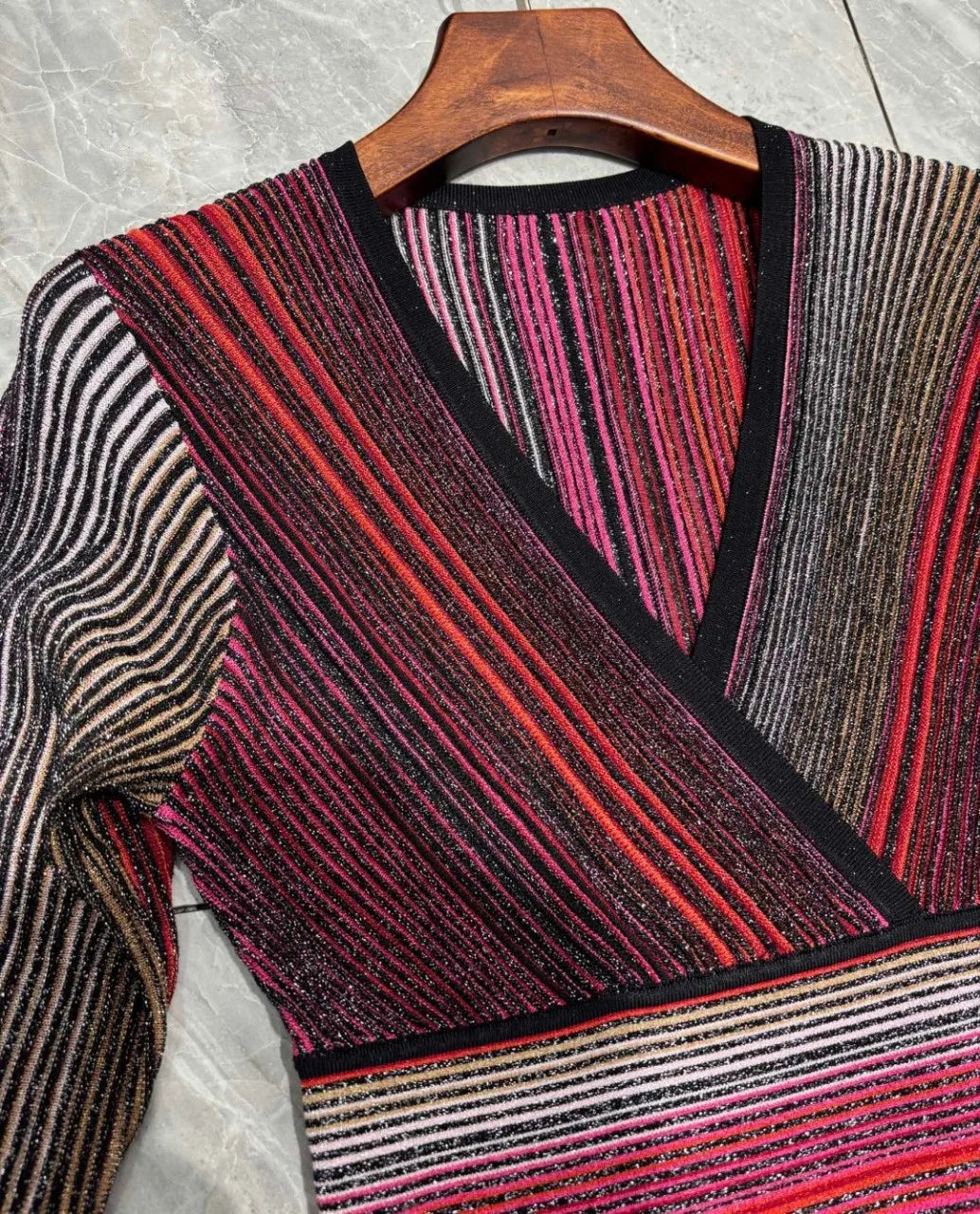 Sequined Striped Women's Pleated Knitted Dress  New 2 Colors V-Neck High Waist Long Sleeve Fashion Female Robe