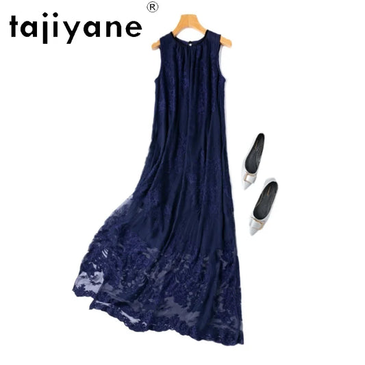 TAJIYANE 100% Mulberry Silk Dresses  Woman Summer Dark Blue Embroidery Long Dress Vacation Vest Frocks Women Clothing платье
