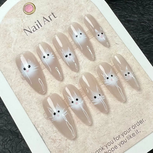 10pcs Handmade Long Fake Nails Pink Nails Cute White Fox Nail Art Press on Nails for Women Daily Wear