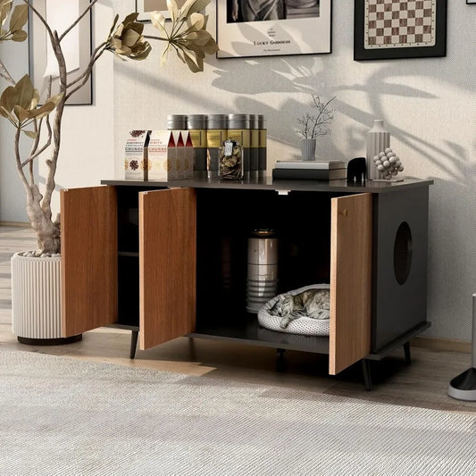 Cat Litter Box Enclosure, Hidden Litter Box Furniture, Cat Toys Cat Food Storage Cabinet, Cats Litter Box with Partitions,