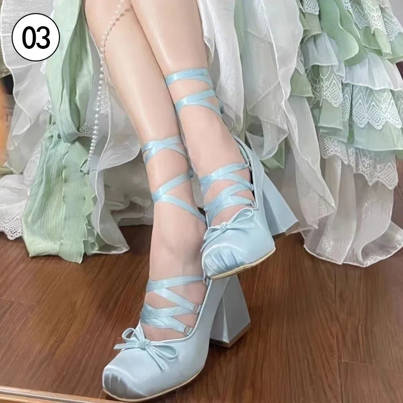 Manufacturer   9cm Chunky Heels Lolita Pumps Shoes Spring Summer French Style Women Mary Janes Shoes Lace Up Ballet Style Single Shoes   Pumps