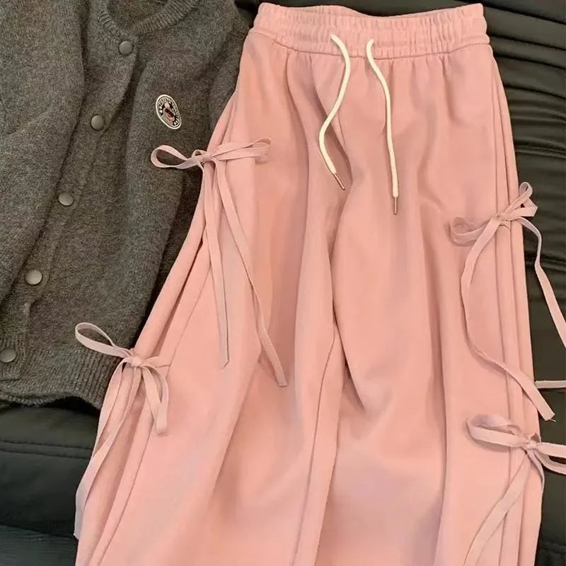 Y2K trend bow-tie casual women pants high street fashion loose solid color wide-leg pants fashion punk personality sport pant