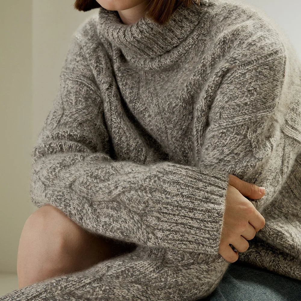 LILYSILK Women's Cable-Knit Cashmere Turtleneck Ladies Casual Dropped-shoulder Style Sweater with Ribbed Cuffs and Hem