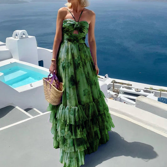 Women Fashion Hollow Off Shoulder Summer Dress Sexy Sleeveless Pleated Long Dress Elegant Halter Pattern Print Mesh Party Dress