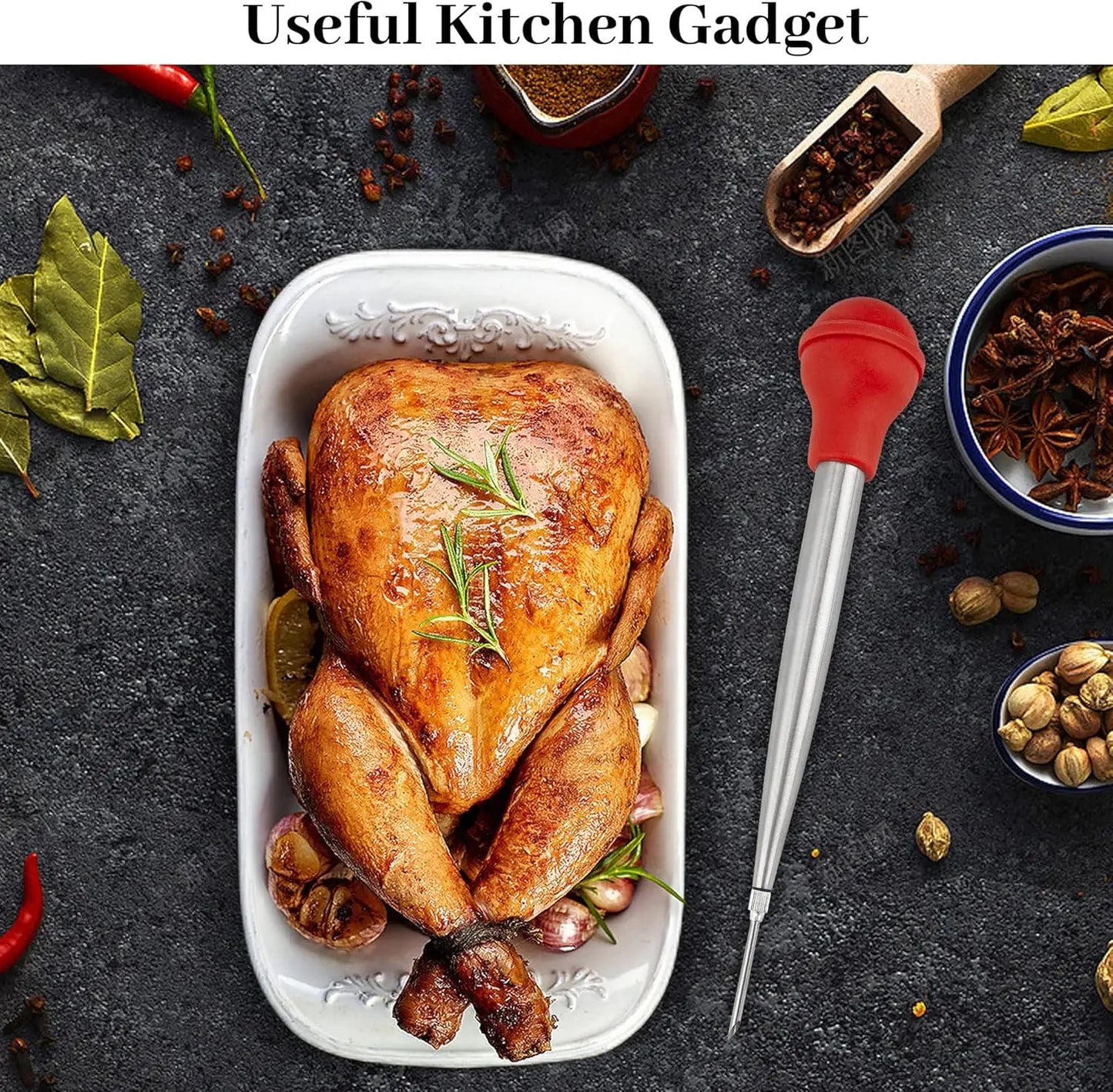 Manufacturer   Stainless Steel Turkey Baster for Cooking - Food Grade Meat Injector Syringe & Silicone Suction Bulb With 2 Detachable Needles   kitchen gadgets