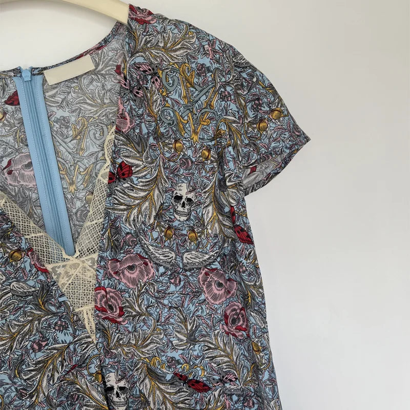 Women Short Sleeve Dress Female Casual V-Neck Long Dresses Lady Floral Print Lace Robes  New Split Jupes