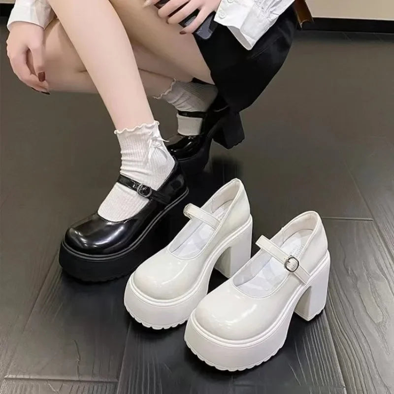 Manufacturer   High Heels Mary Janes Shoes Autumn  Patent Leather Heeled Shoes Woman Chunky Platform Ankle Strap Pumps for Women   Pumps