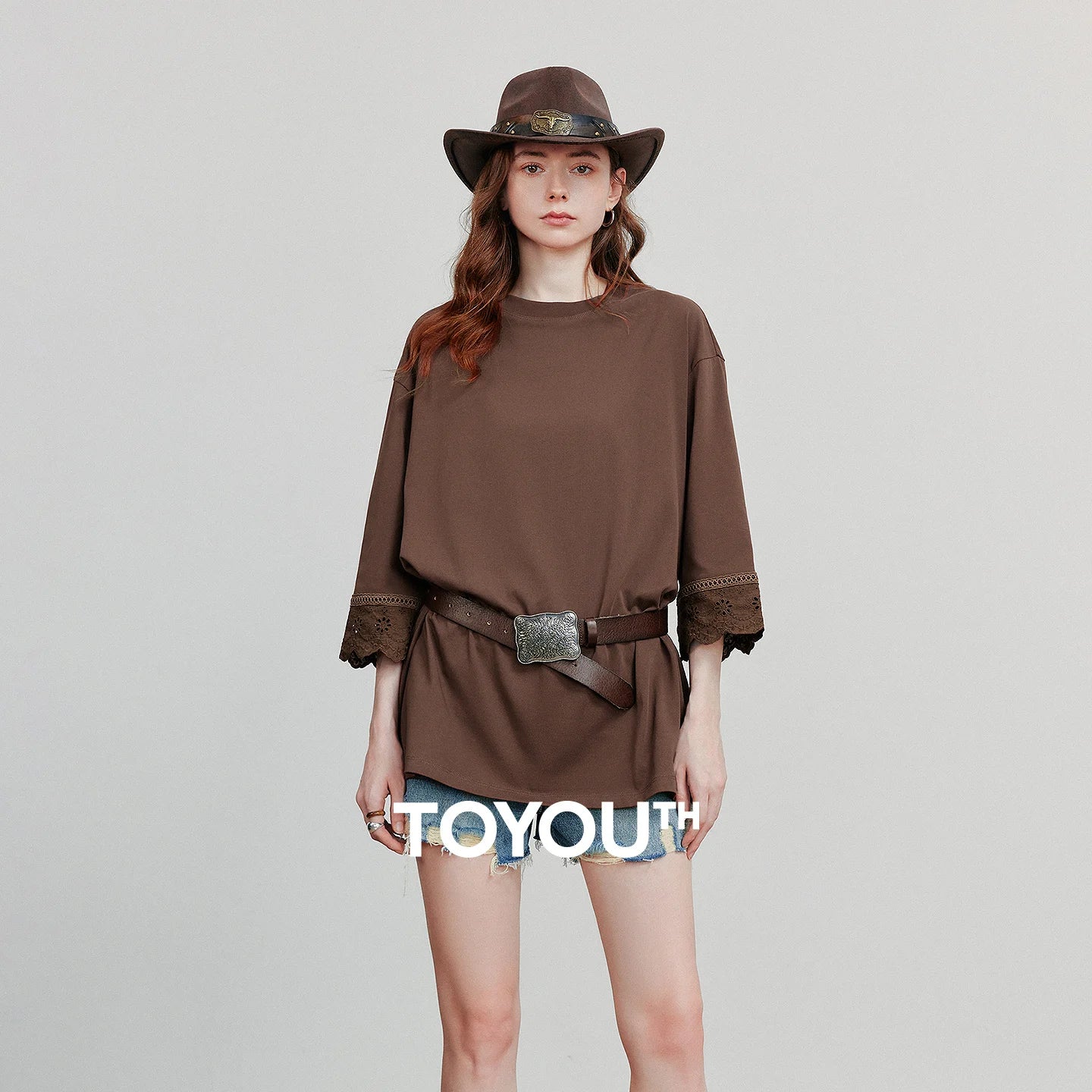 TOYOUTH Women T-shirts  Autumn New Round Neck Patchwork Lace Three Quarter Sleeve Loose Cotton Tops